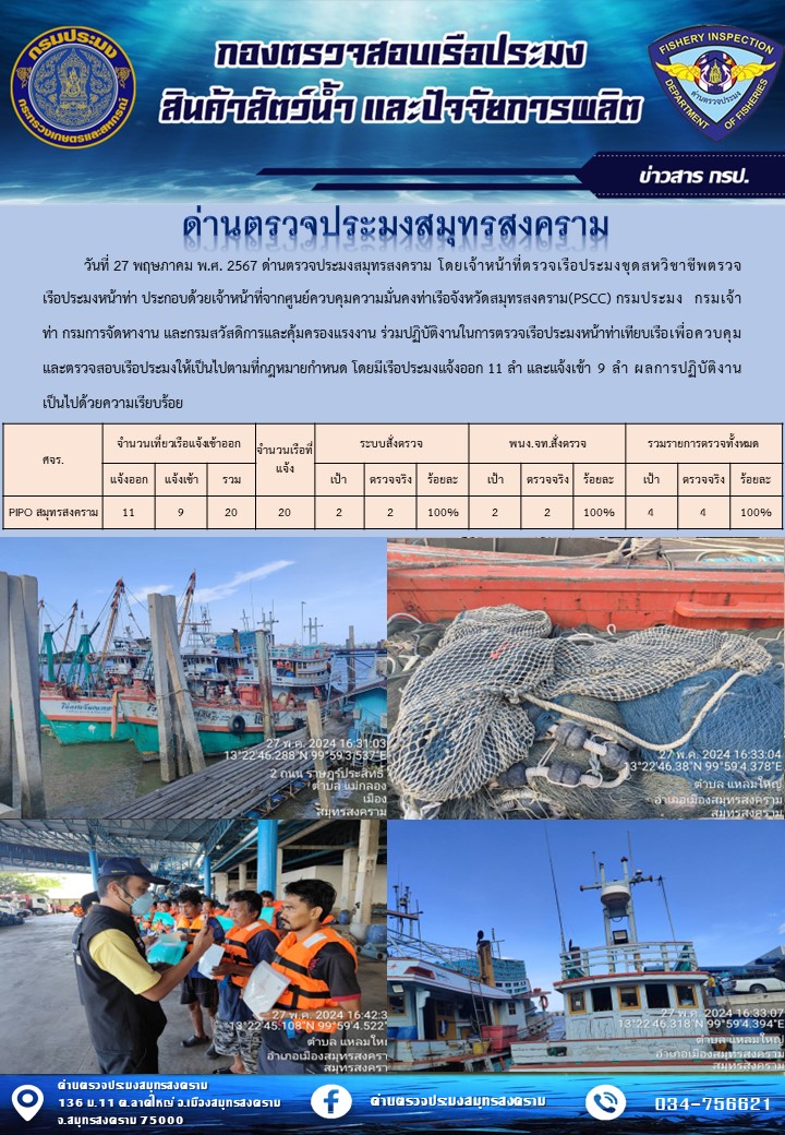 สถิติการแจ้งเข้า - ออกเรือประมงพาณิชย์ ด่านตรวจประมงสมุทรสงคราม ประจำวันที่ 27 พฤษภาคม 2567..คลิก