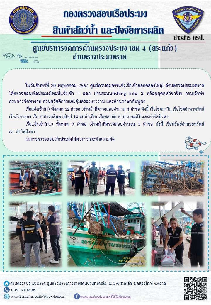 ผลการปฏิบัติงานของศูนย์ควบคุมการแจ้งเรือเข้าออกคลองใหญ่ ด่านตรวจประมงตราด ประจำวันที่ 20 พฤษภาคม 2567