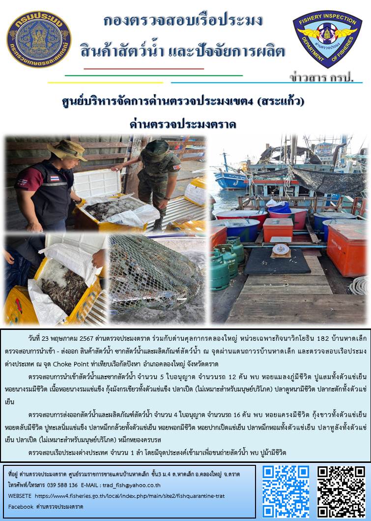 ผลการปฏิบัติงานส่วนงานควบคุมการนำเข้า - ส่งออกสัตว์น้ำ ซากสัตว์น้ำและผลิตภัณฑ์สัตว์น้ำ ด่านตรวจประมงตราด ประจำวันที่ 23 พฤษภาคม 2567