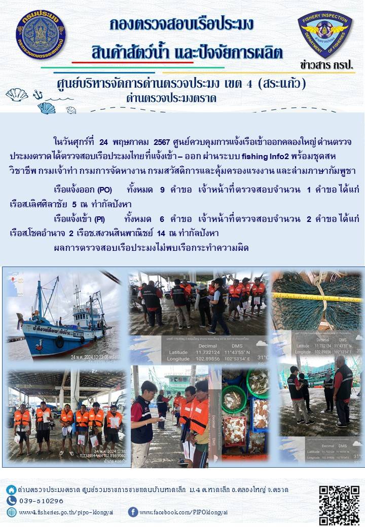 ผลการปฏิบัติงานของศูนย์ควบคุมการแจ้งเรือเข้าออกคลองใหญ่ ด่านตรวจประมงตราด ประจำวันที่ 24 พฤษภาคม 2567