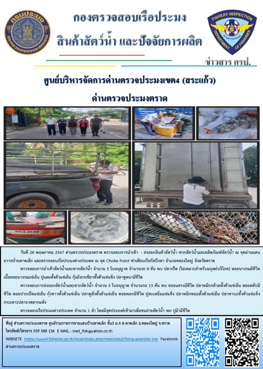 ผลการปฏิบัติงานส่วนงานควบคุมการนำเข้า - ส่งออกสัตว์น้ำ ซากสัตว์น้ำและผลิตภัณฑ์สัตว์น้ำ ด่านตรวจประมงตราด ประจำวันที่ 28 พฤษภาคม 2567