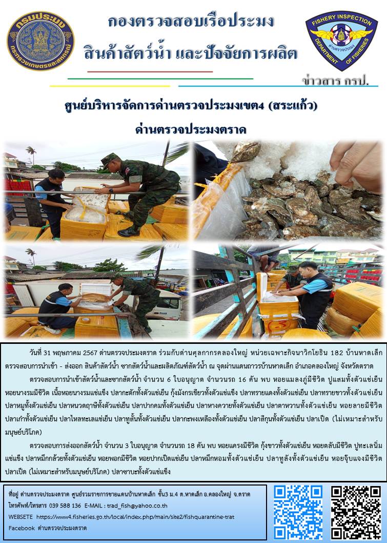 ผลการปฏิบัติงานส่วนงานควบคุมการนำเข้า - ส่งออกสัตว์น้ำ ซากสัตว์น้ำและผลิตภัณฑ์สัตว์น้ำ ด่านตรวจประมงตราด ประจำวันที่ 31 พฤษภาคม 2567