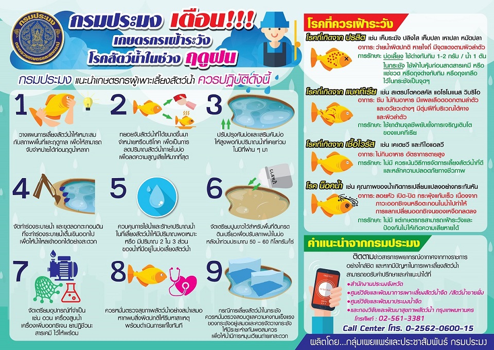 กรมประมง เตือน เกษตรกรเฝ้าระวังโรคสัตว์น้ำในช่วงฤดูฝน