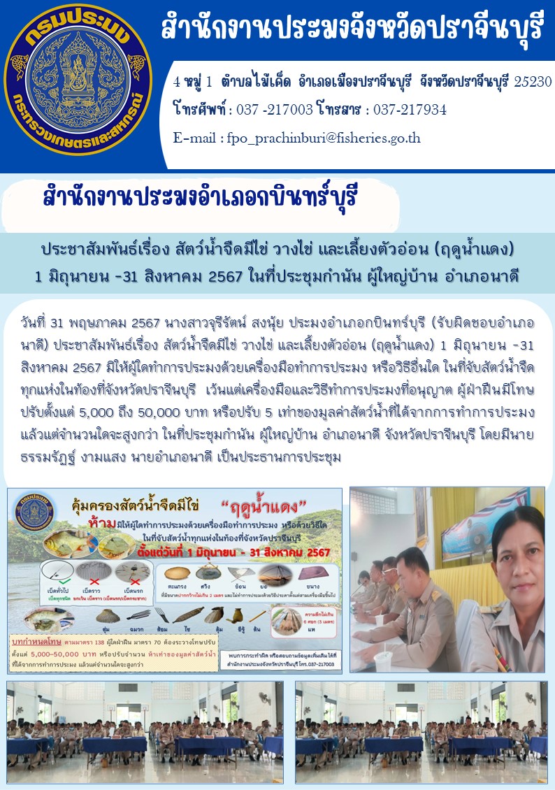 ข่าวประชาสัมพันธ์ สำนักงานประมงอำเภอกบินทร์บุรี ประชาสัมพันธ์เรื่อง สัตว์น้ำจืดมีไข่ วางไข่ และเลี้ยงตัวอ่อน (ฤดูน้ำแดง) 1 มิถุนายน -31 สิงหาคม 2567 ในที่ประชุมกำนัน ผู้ใหญ่บ้าน อำเภอนาดี..คลิก