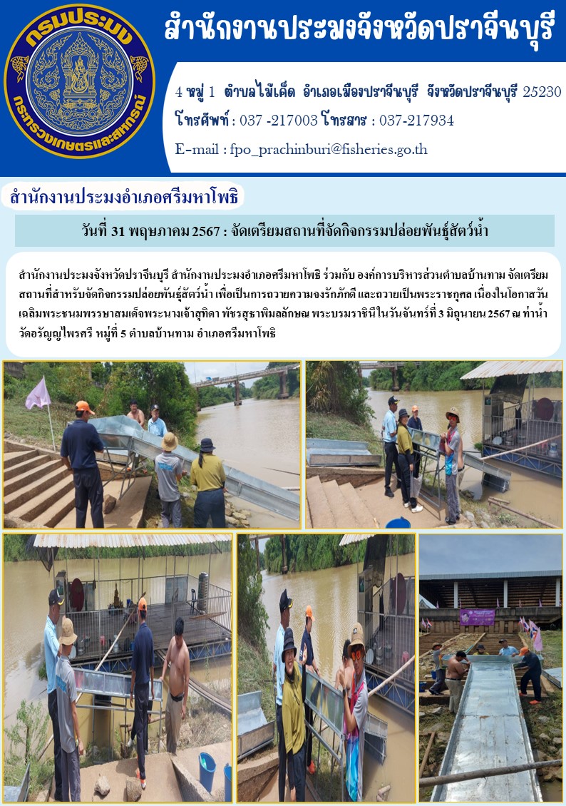 ข่าวประชาสัมพันธ์ สำนักงานประมงอำเภอศรีมหาโพธิ จัดเตรียมสถานที่จัดกิจกรรมปล่อยพันธุ์สัตว์น้ำ..คลิก