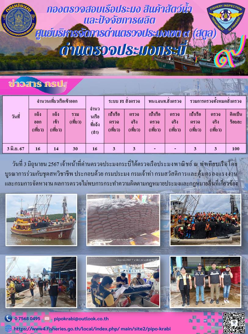 ผลการปฏิบัติงานตรวจเรือประมงหน้าท่าประจำวันที่ 1-3 มิถุนายน 2567..คลิก