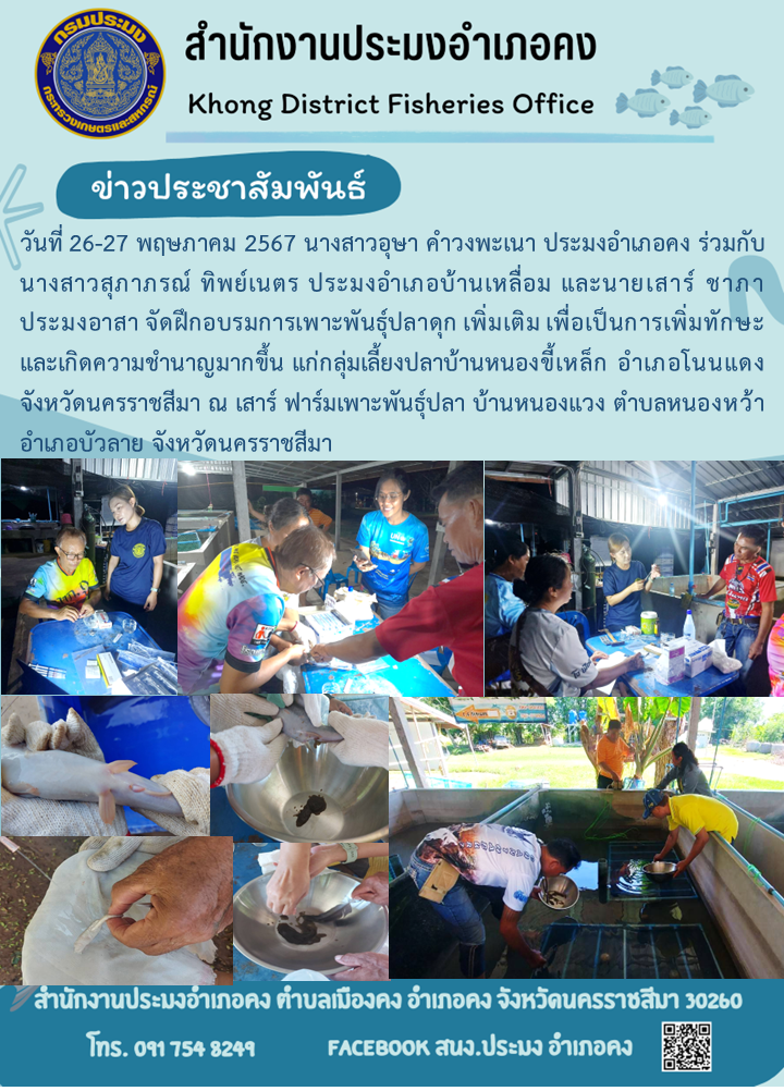ประมงอำเภอคง ร่วมกับ ประมงอำเภอบ้านเหลื่อม และประมงอาสา จัดฝึกอบรมการเพาะพันธุ์ปลาดุกแก่กลุ่มเลี้ยงปลาบ้านหนองขี้เหล็ก อำเภอโนนแดง ณ เสาร์ ฟาร์มเพาะพันธุ์ปลา บ้านหนองแวง ตำบลหนองหว้า อำเภอบัวลาย..คลิก