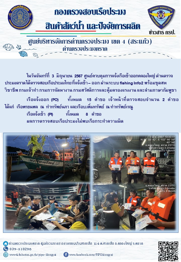 ผลการปฏิบัติงานของศูนย์ควบคุมการแจ้งเรือเข้าออกคลองใหญ่ ด่านตรวจประมงตราด ประจำวันที่ 3 มิถุนายน 2567