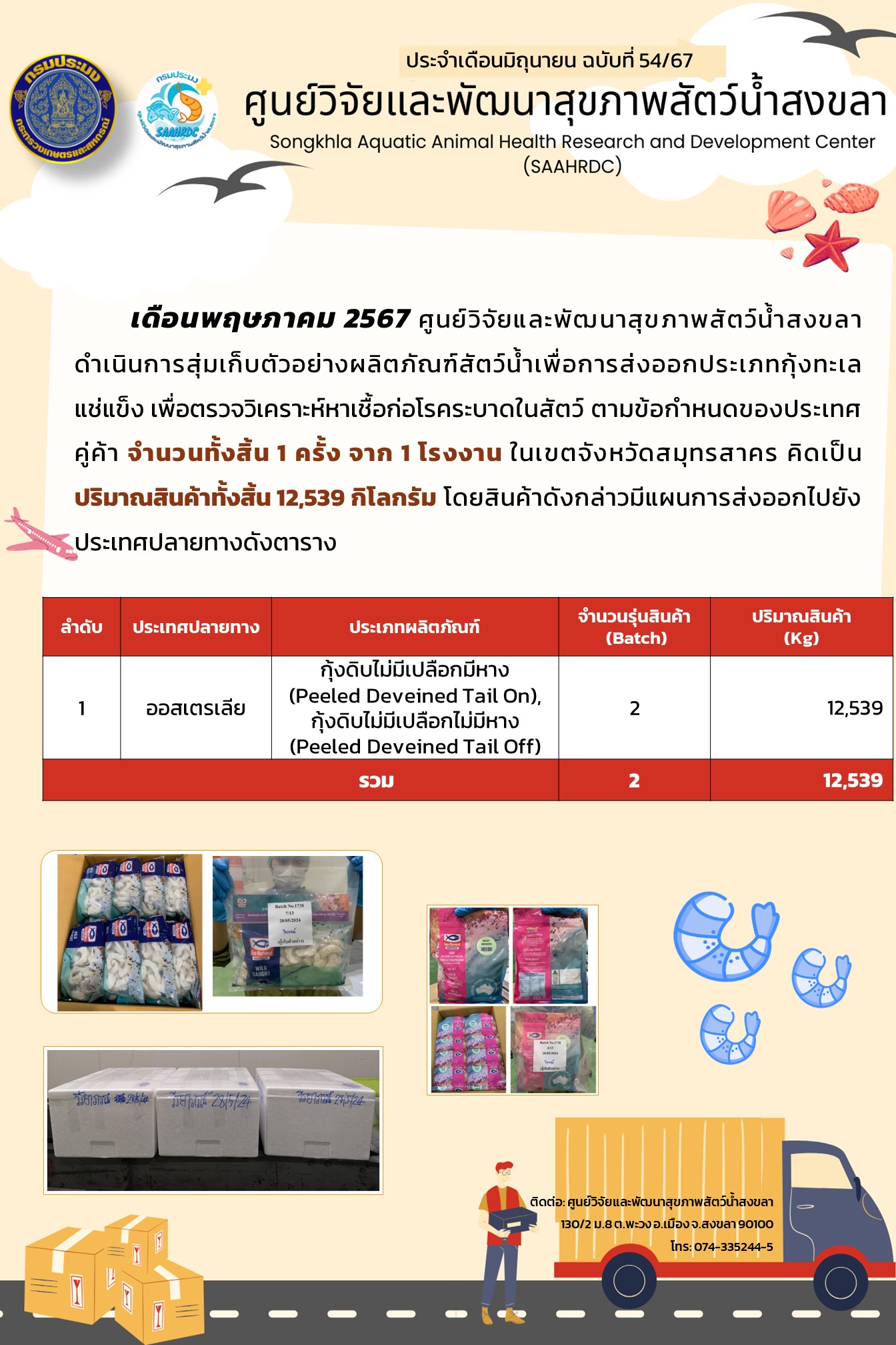 ฉบับที่ 54/67 ดือนพฤษภาคม 2567 ศูนย์วิจัยและพัฒนาสุขภาพสัตว์นํ้าสงขลา ดำาเนินการสุ่มเก็บตัวอย่างผลิตภัณฑ์สัตว์นํ้าเพื่อการส่งออกประเภทกุ้งทะเล แช่แข็ง เพื่อตรวจวิเคราะห์หาเชื้อก่อโรคระบาดในสัตว์..คลิก