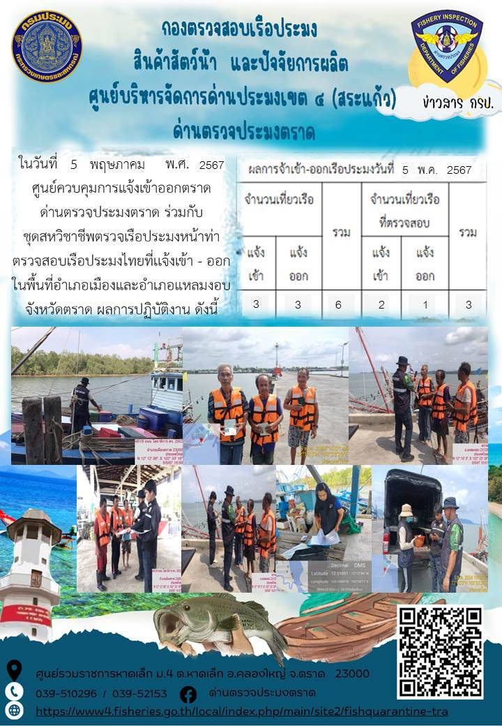 ผลการปฏิบัติงานของศูนย์ควบคุมการแจ้งเรือเข้าออกตราด ด่านตรวจประมงตราด ประจำวันที่ 5 มิถุนายน 2567