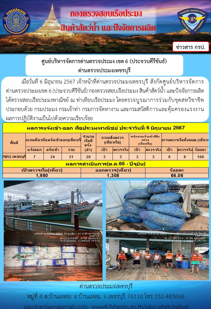 ข่าวประชาสัมพันธ์ ด่านตรวจประมงเพชรบุรี สถิติเรือที่แจ้งเข้า - ออก ประจำวันที่ 6 มิ.ย. 2567..คลิก