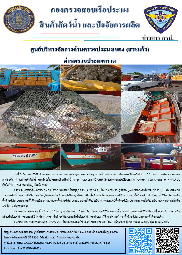 ผลการปฏิบัติงานส่วนงานควบคุมการนำเข้า - ส่งออกสัตว์น้ำ ซากสัตว์น้ำและผลิตภัณฑ์สัตว์น้ำ ด่านตรวจประมงตราด ประจำวันที่ 8 มิถุนายน 2567
