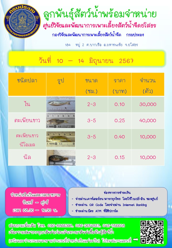 ลูกพันธุ์สัตว์น้ำพร้อมจำหน่าย 10 - 14 มิ.ย. 2567