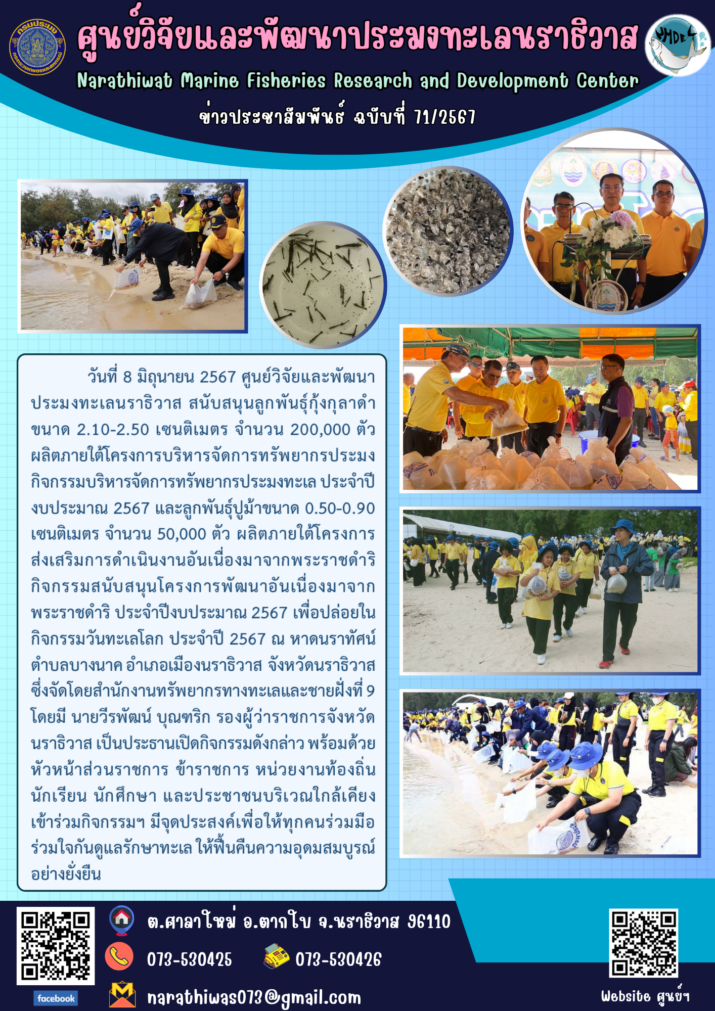 ศูนย์วิจัยและพัฒนาประมงทะเลนราธิวาส สนับสนุนลูกพันธุ์สัตว์น้ำเพื่อปล่อยในกิจกรรมวันทะเลโลก ประจำปี 2567..คลิก
