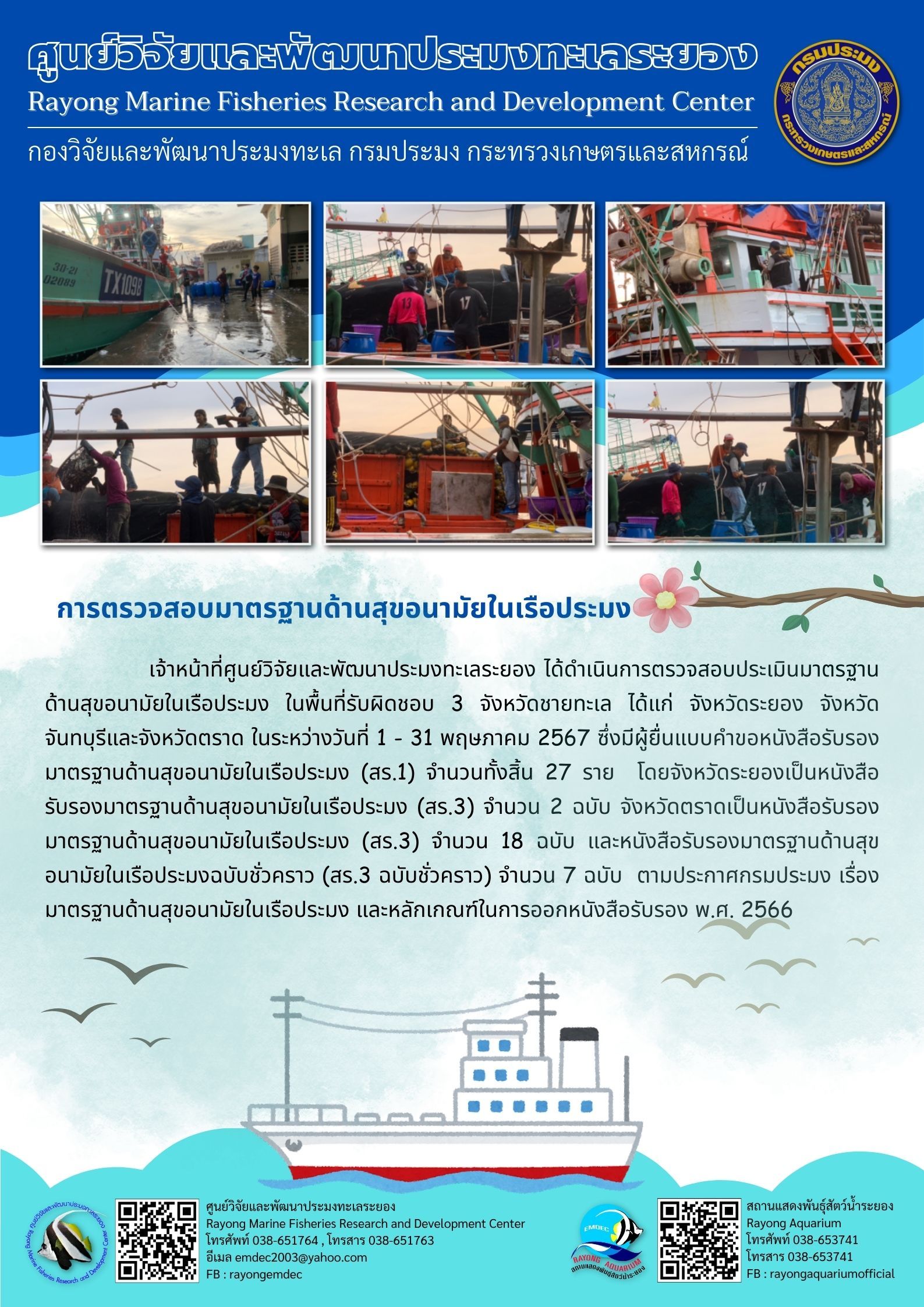 เจ้าหน้าที่ศูนย์วิจัยและพัฒนาประมงทะเลระยอง ได้ดำเนินการตรวจสอบประเมินมาตรฐาน ด้านสุขอนามัยในเรือประมง ในพื้นที่รับผิดชอบ 3 จังหวัดชายทะเล ได้แก่ จังหวัดระยอง จังหวัด จันทบุรีและจังหวัดตราด ในระหว่างวันที่ 1 - 31 พฤษภาคม 2567 ซึ่งมีผู้ยื่นแบบคำขอหนังสือรับรองมาตรฐานด้านสุขอนามัยในเรือประมง (สร.1) จำนวนทั้งสิ้น 27 ราย ฯลฯ..คลิก