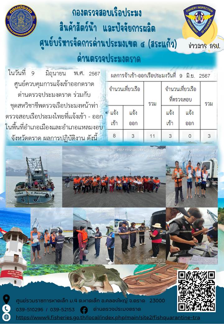 ผลการปฏิบัติงานของศูนย์ควบคุมการแจ้งเรือเข้าออกตราด ด่านตรวจประมงตราด ประจำวันที่ 9 มิถุนายน 2567