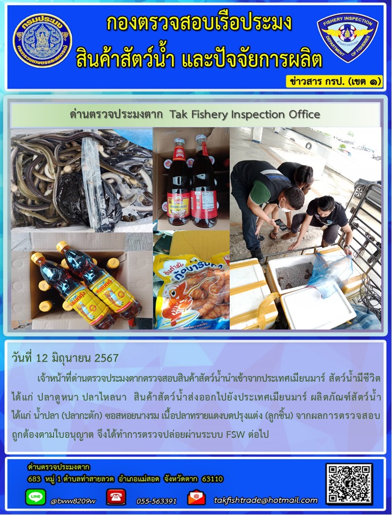 วันที่ 12 มิถุนายน 2567           เจ้าหน้าที่ด่านตรวจประมงตากตรวจสอบสินค้าสัตว์น้ำนำเข้าจากประเทศเมียนมาร์ สัตว์น้ำมีชีวิต ได้แก่ ปลาตูหนา ปลาไหลนา  สินค้าสัตว์น้ำส่งออกไปยังประเทศเมียนมาร์ ผลิตภัณฑ์สัตว์น้ำ ได้แก่ น้ำปลา (ปลากะตัก) ซอสหอยนางรม เนื้อปลาทรายแดงบดปรุงแต่ง (ลูกชิ้น) จากผลการตรวจสอบถูกต้องตามใบอนุญาต จึงได้ทำการตรวจปล่อยผ่านระบบ FSW ต่อไป..คลิก
