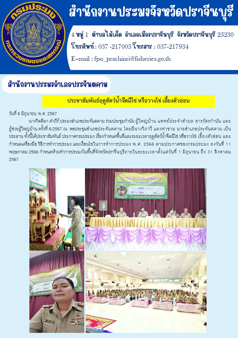 ข่าวประชาสัมพันธ์ สำนักงานประมงอำเภอประจันตคาม ร่วมประชุมกำนัน ผู้ใหญ่บ้าน แพทย์ประจำตำบล สารวัตรกำนัน และ ผู้ช่วยผู้ใหญ่บ้าน ครั้งที่ 6/2567..คลิก