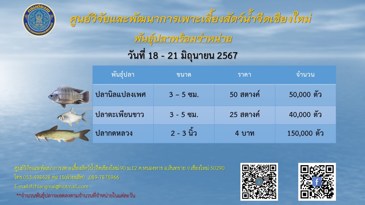 พันธุ์ปลาพร้อมจำหน่าย วันที่ 18-21 มิถุนายน 2567