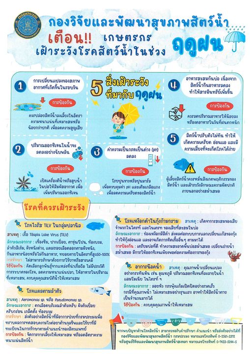 ประชาสัมพันธ์แจ้งเตือนให้เกษตรกรเฝ้าระวังโรคสัตว์น้ำในช่วง 