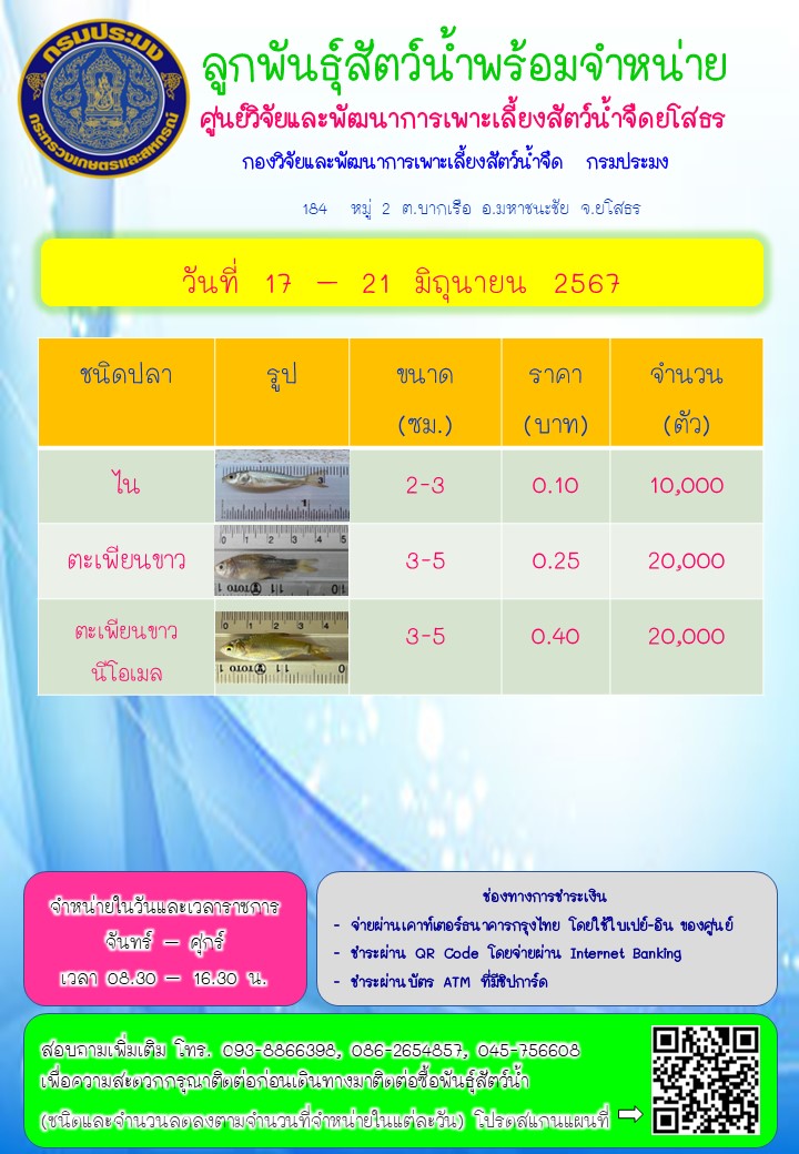 ลูกพันธุ์สัตว์น้ำพร้อมจำหน่าย 17 - 21 มิ.ย. 2567