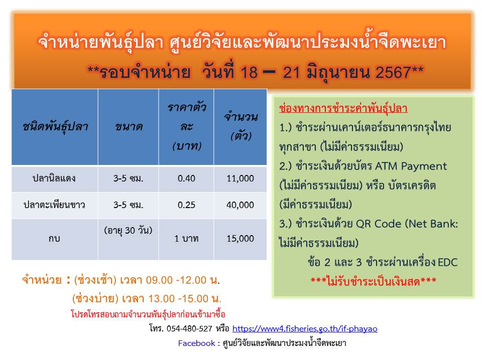 จำหน่ายพันธุ์ปลา ศูนย์วิจัยและพัฒนาประมงน้ำจืดพะเยา รอบจำหน่าย วันที่ 18-21 มิถุนายน 2567