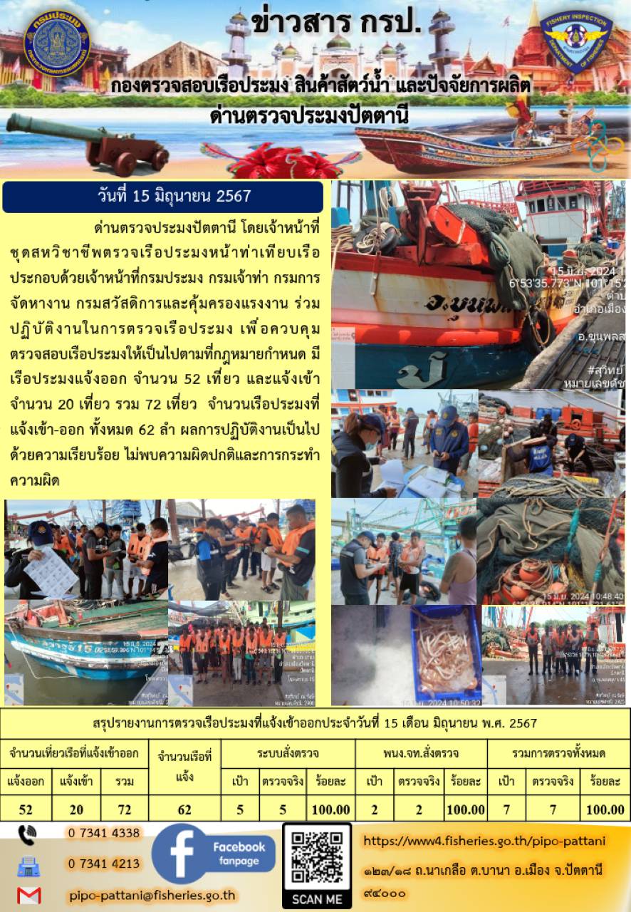 ข่าวสารการปฏิบัติงาน ด่านตรวจประมงปัตตานี วันที่ 15 มิถุนายน 2567..คลิก