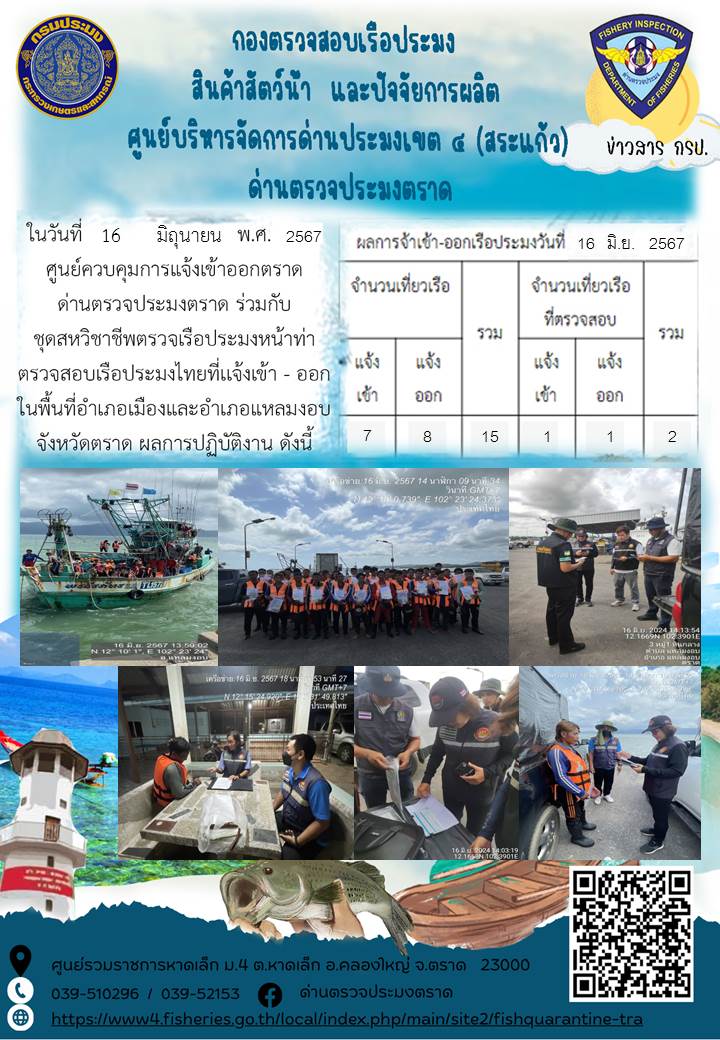 ผลการปฏิบัติงานของศูนย์ควบคุมการแจ้งเรือเข้าออกตราด ด่านตรวจประมงตราด ประจำวันที่ 16 มิถุนายน 2567..คลิก
