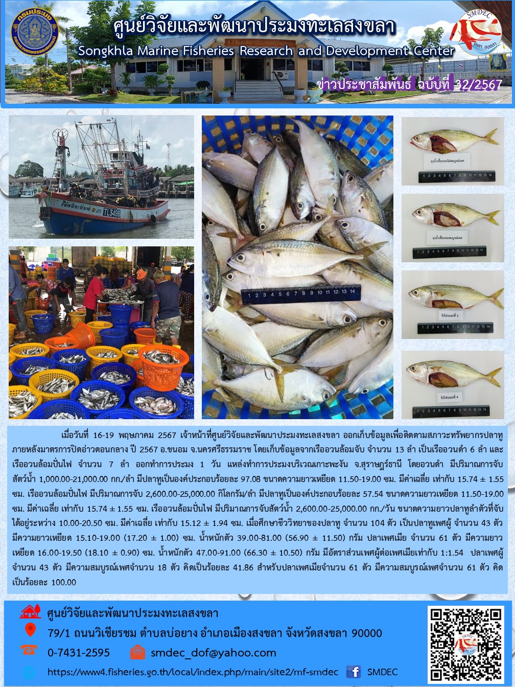 16-19 พฤษภาคม 2567 เจ้าหน้าที่ ศพท.สงขลา ออกเก็บข้อมูลเพื่อติดตามสภาวะทรัพยากรปลาทูภายหลังมาตรการปิดอ่าวตอนกลาง ปี 2567 อ.ขนอม จ.นครศรีธรรมราช..คลิก
