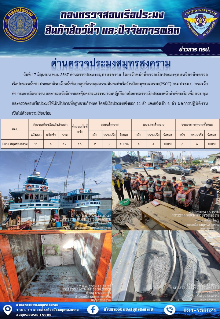 สถิติการแจ้งเข้า - ออกเรือประมงพาณิชย์ ด่านตรวจประมงสมุทรสงคราม ประจำวันที่ 17 มิถุนายน 2567..คลิก