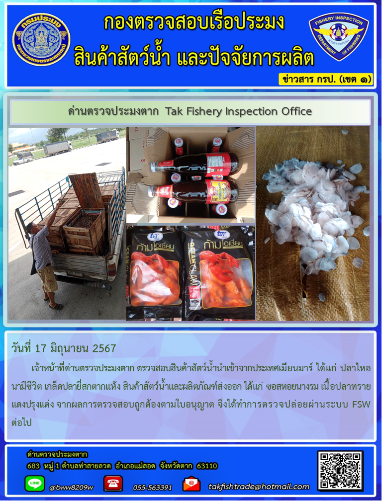 วันที่ 17 มิถุนายน 2567           เจ้าหน้าที่ด่านตรวจประมงตาก ตรวจสอบสินค้าสัตว์น้ำนำเข้าจากประเทศเมียนมาร์ ได้แก่ ปลาไหลนามีชีวิต เกล็ดปลายี่สกตากแห้ง สินค้าสัตว์น้ำและผลิตภัณฑ์ส่งออก ได้แก่ ซอสหอยนางรม เนื้อปลาทรายแดงปรุงแต่ง จากผลการตรวจสอบถูกต้องตามใบอนุญาต จึงได้ทำการตรวจปล่อยผ่านระบบ FSW ต่อไป..คลิก