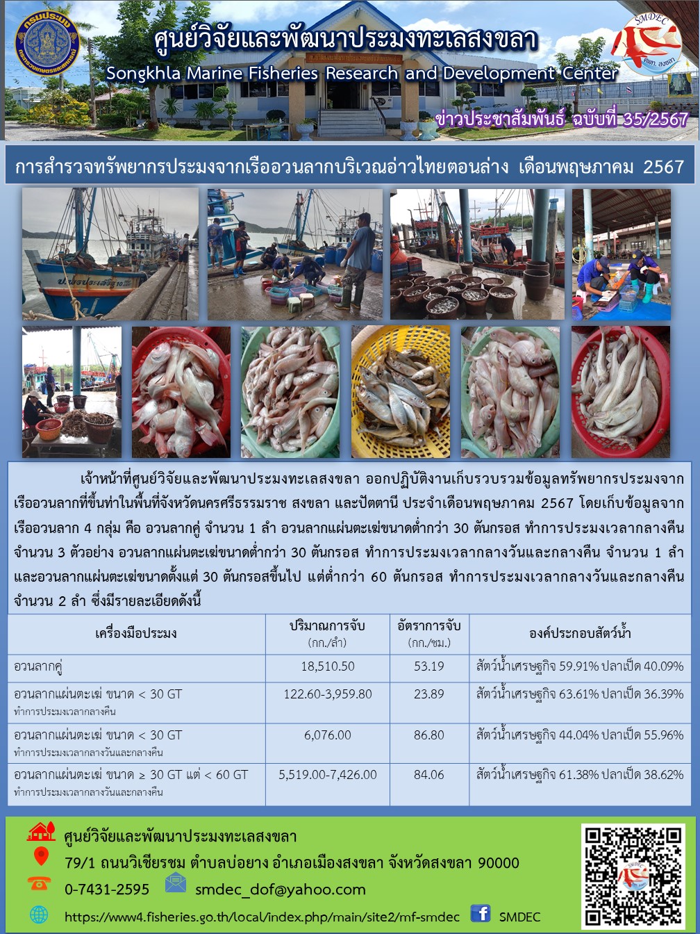 เจ้าหน้าที่ศูนย์วิจัยและพัฒนาประมงทะเลสงขลา ออกปฏิบัติงานเก็บรวบรวมข้อมูลทรัพยากรประมงจาก เรืออวนลากที่ขึ้นท่าในพื้นที่จังหวัดนครศรีธรรมราช สงขลา และปัตตานี ประจำเดือนพฤษภาคม 2567..คลิก