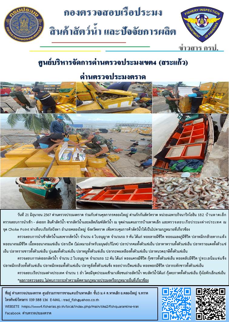 ผลการปฏิบัติงานของด่านตรวจประมงตราด ประจำวันที่ 21 มิถุนายน 2567..คลิก