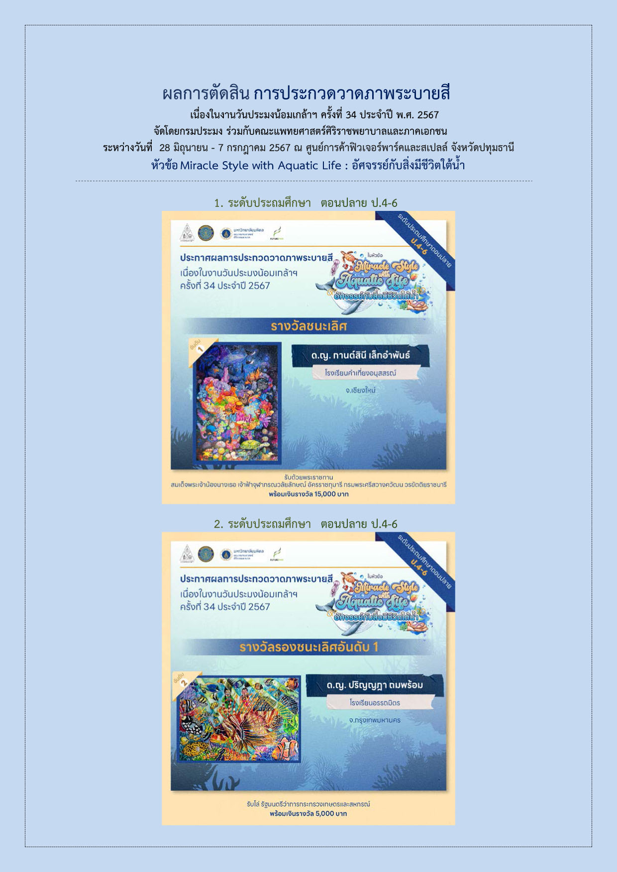 ประกาศผลการตัดสินประกวดวาดภาพระบายสี เนื่องในงานวันประมงน้อมเกล้าฯ ครั้งที่ 34 ประจำปี พ.ศ. 2567..คลิก