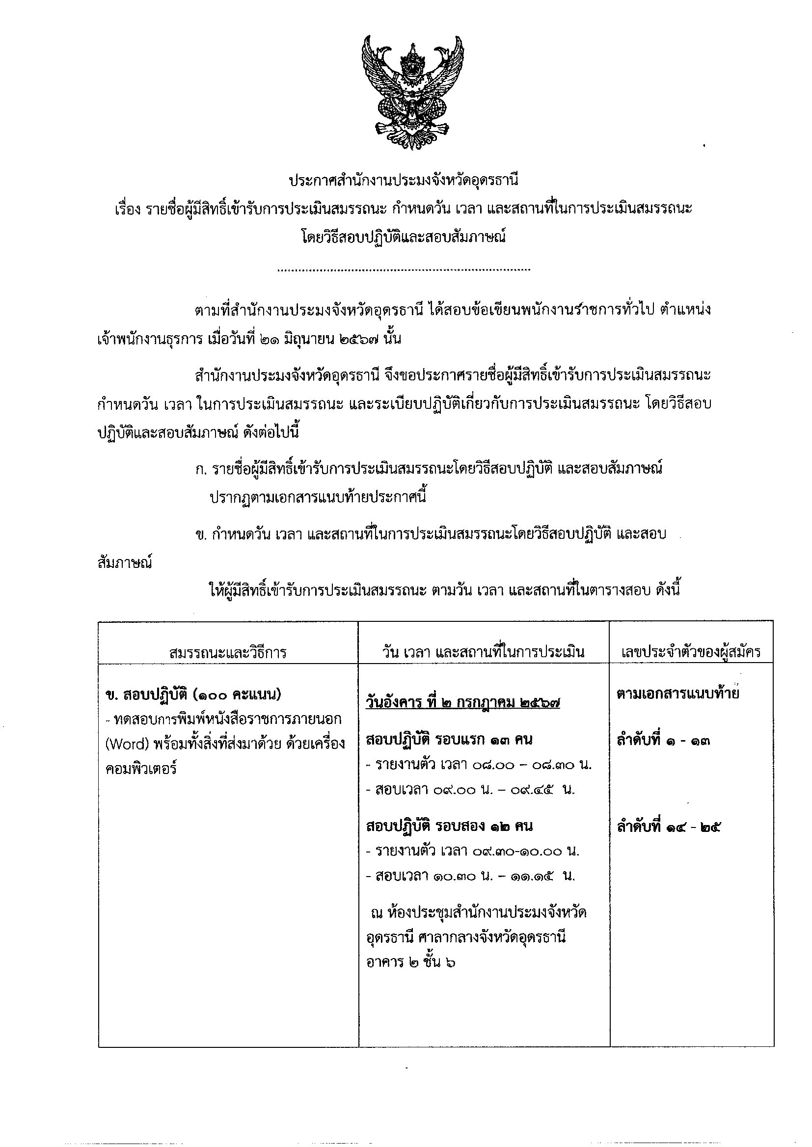 ประกาศสำนักงานประมงจังหวัดอุดรธานี เรื่อง รายชื่อผู้มีสิทธิ์เข้ารับการประเมินสมรรถนะ กำหนดวัน เวลา และสถานที่ในการประเมินสมรรถนะ โดยวิธีสอบปฏิบัติและสอบสัมภาษณ์..คลิก