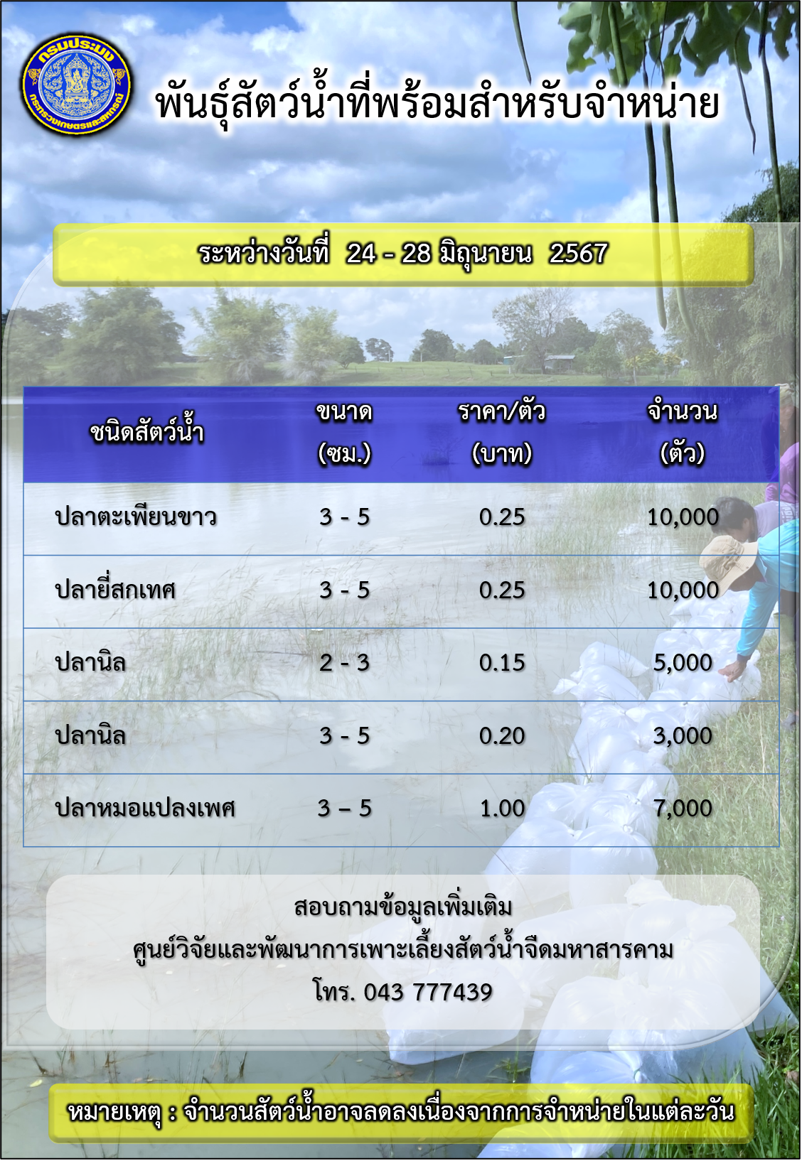 พันธุ์สัตว์น้ำที่พร้อมสำหรับจำหน่าย ระหว่างวันที่ 24 – 28 มิถุนายน 2567..คลิก