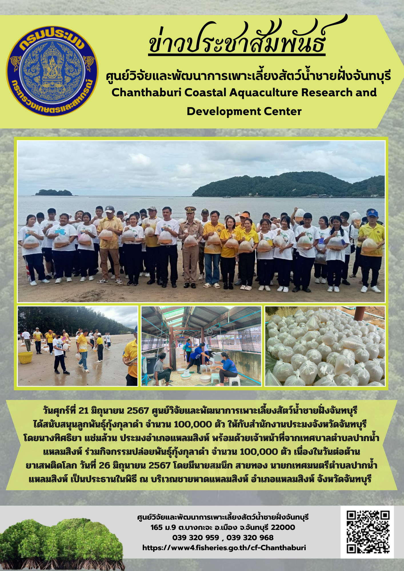 ศูนย์วิจัยและพัฒนาการเพาะเลี้ยงสัตว์น้ำชายฝั่งจันทบุรี สนับสนุนลูกพันธุ์กุ้งกุลาดำ จำนวน 100,000 ตัว ปล่อยคืนสู่ธรรมชาติ..คลิก