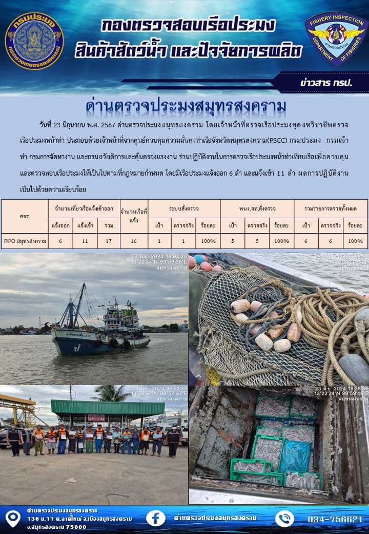 สถิติการแจ้งเข้า - ออกเรือประมงพาณิชย์ ด่านตรวจประมงสมุทรสงคราม ประจำวันที่ 23 มิถุนายน 2567..คลิก