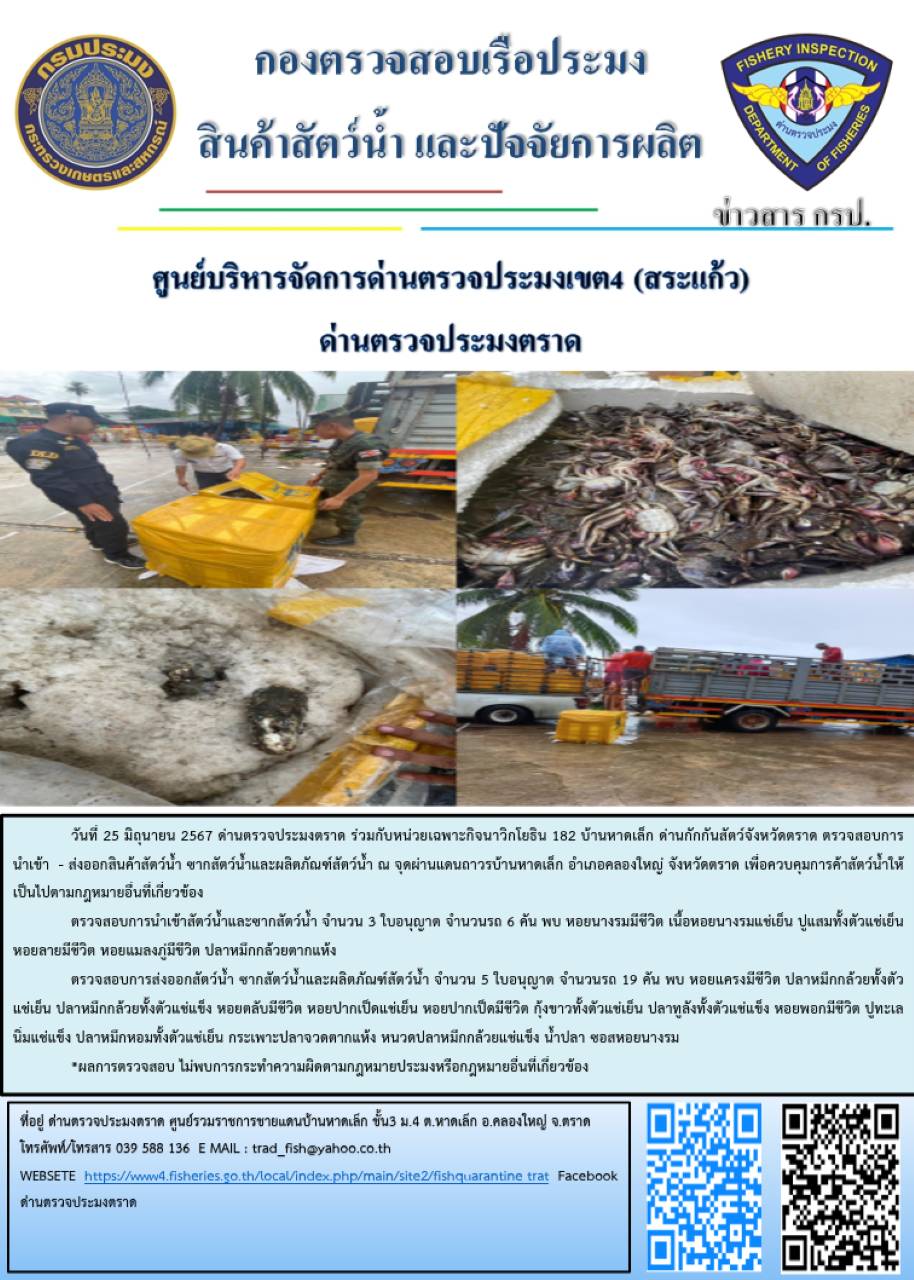 ผลการปฏิบัติงานของด่านตรวจประมงตราด ประจำวันที่ 25 มิถุนายน 2567..คลิก