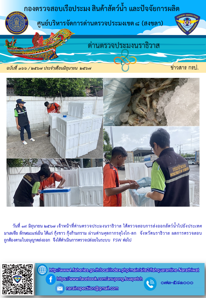 ประชาสัมพันธ์ด่านตรวจประมงนราธิวาส ประจำวันที่ 19 มิถุนายน 2567..คลิก