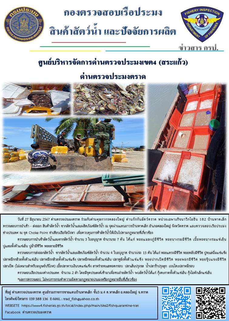 ผลการปฏิบัติงานของด่านตรวจประมงตราด ประจำวันที่ 27 มิถุนายน 2567..คลิก