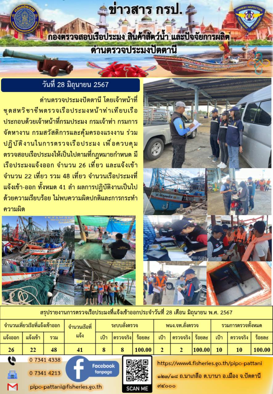 ข่าวสารการปฏิบัติงาน ด่านตรวจประมงปัตตานี วันที่ 28 มิถุนายน 2567..คลิก