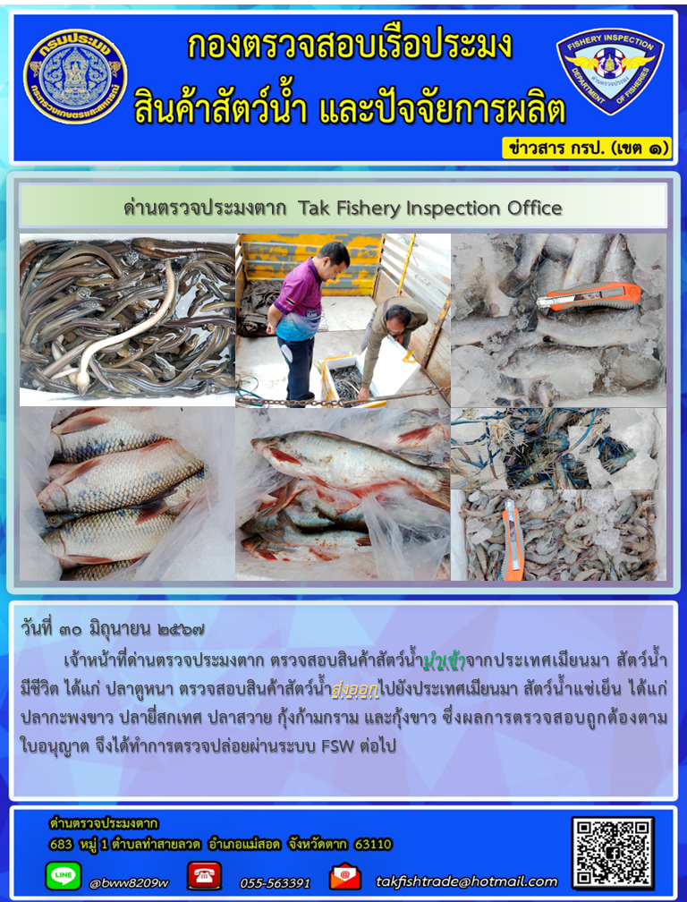 ประชาสัมพันธ์การนำเข้าส่งออกสัตว์น้ำและผลิตภัณฑ์สัตว์น้ำ วันที่ 30 มิถุนายน 2567..คลิก