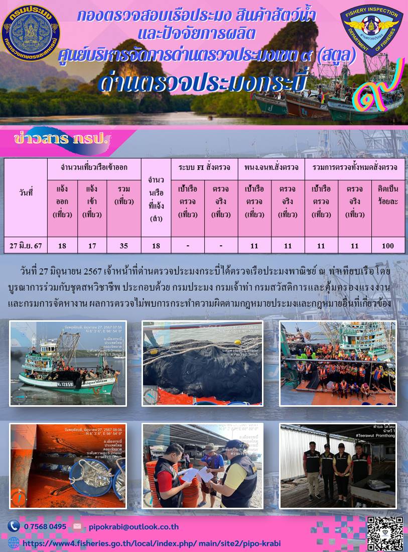 ผลการปฏิบัติงานตรวจเรือประมงหน้าท่า