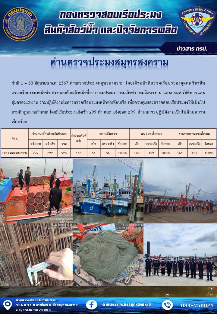 สถิติการแจ้งเข้า - ออกเรือประมงพาณิชย์ ด่านตรวจประมงสมุทรสงคราม ประจำวันที่ 1-30 มิถุนายน 2567..คลิก