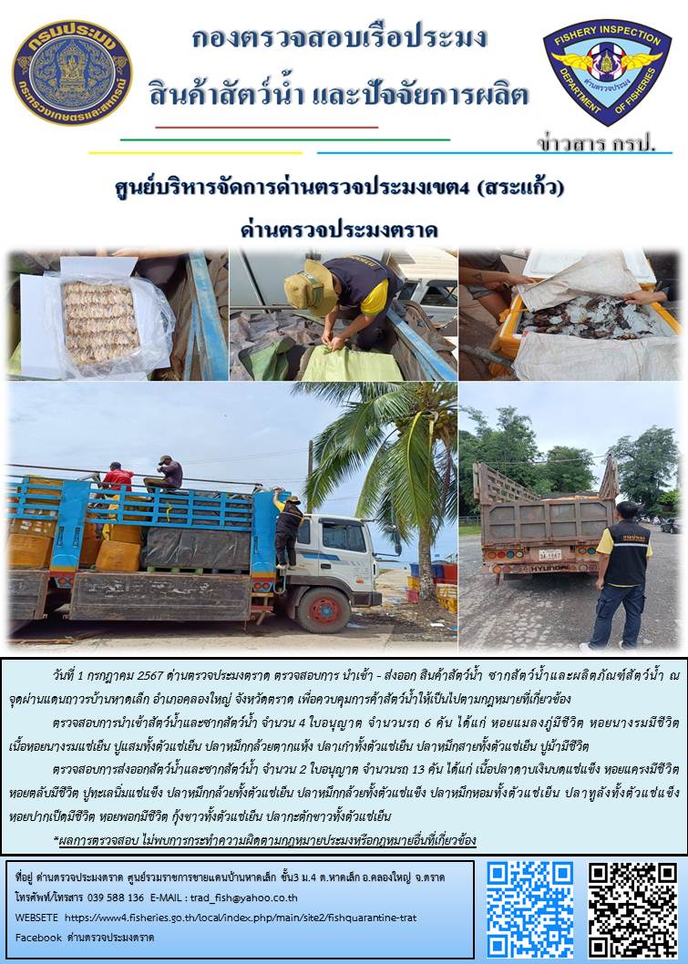 ผลการปฏิบัติของด่านตรวจประมง ประจำวันที่ 1 กรกฎาคม 2567..คลิก