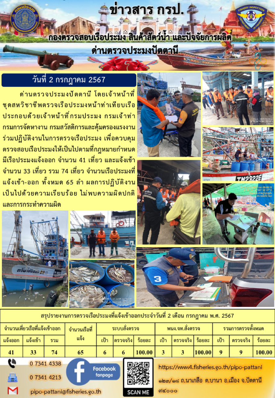 ข่าวสารการปฏิบัติงาน ด่านตรวจประมงปัตตานี วันที่ 2 กรกฏาคม 2567..คลิก