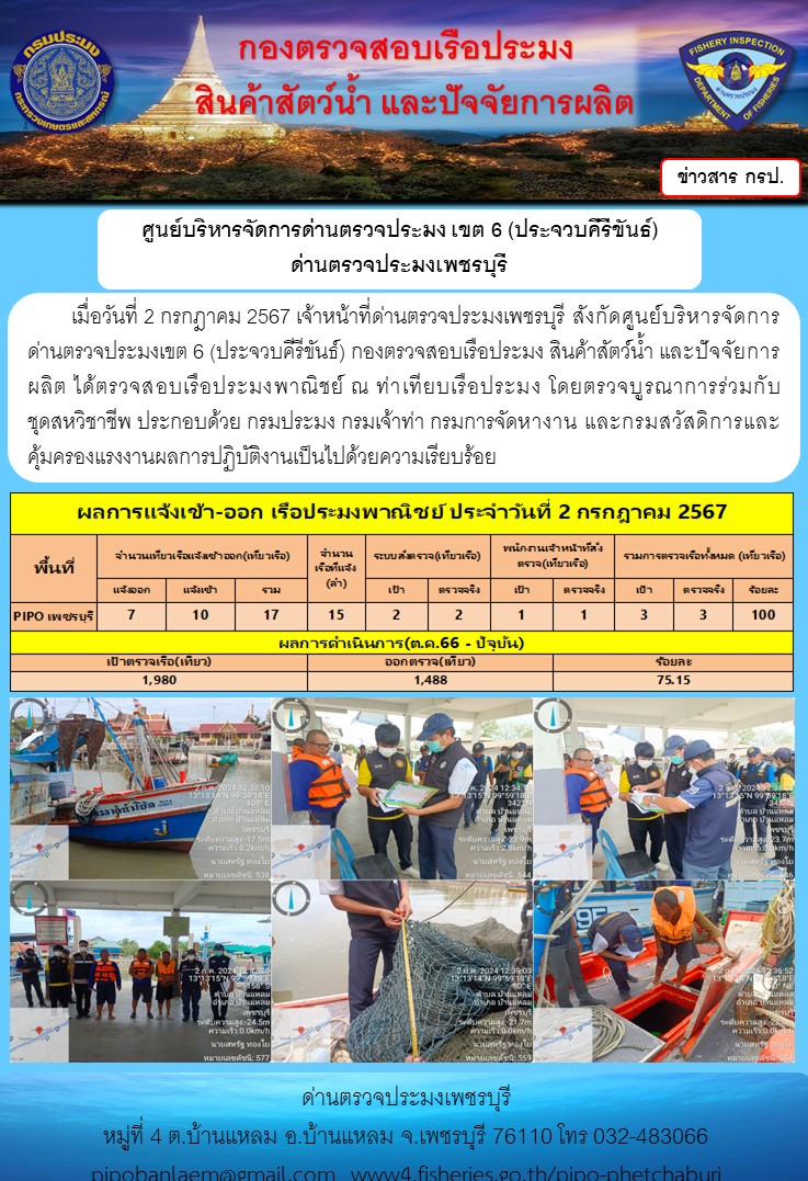 ข่าวประชาสัมพันธ์ ด่านตรวจประมงเพชรบุรี สถิติเรือที่แจ้งเข้า - ออก ประจำวันที่ 2 ก.ค. 2567..คลิก