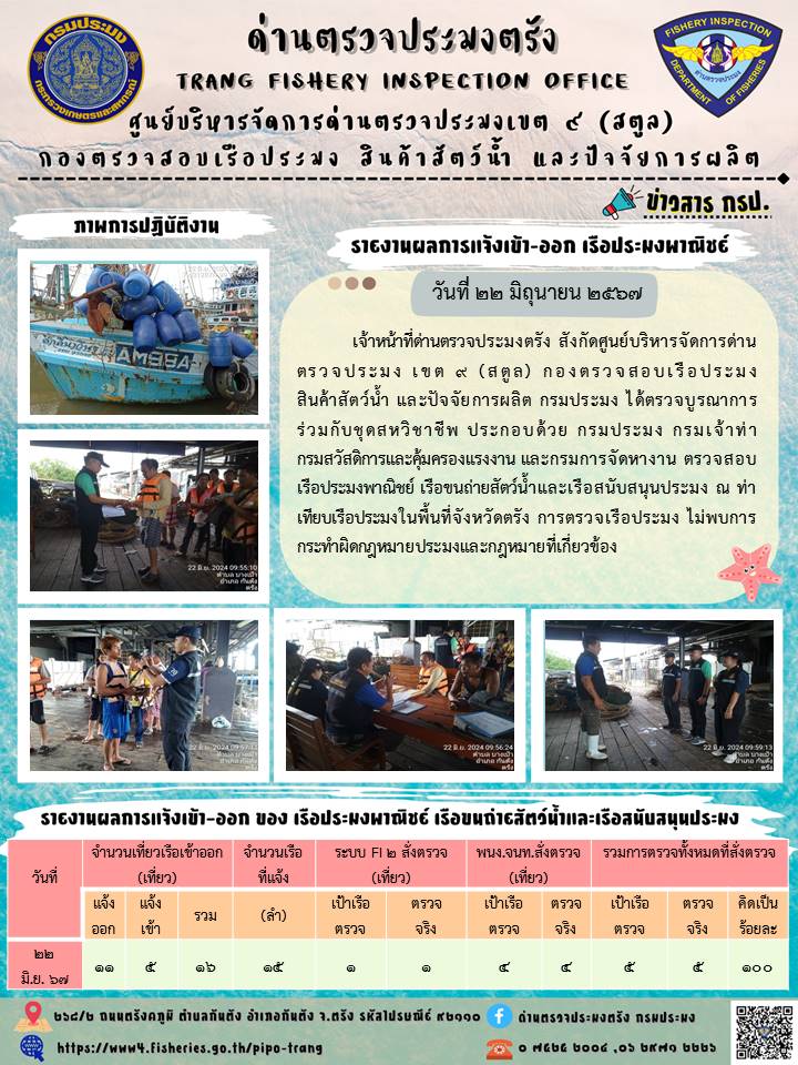 ประชาสัมพันธ์การปฏิบัติงานด่านตรวจประมงตรัง..คลิก
