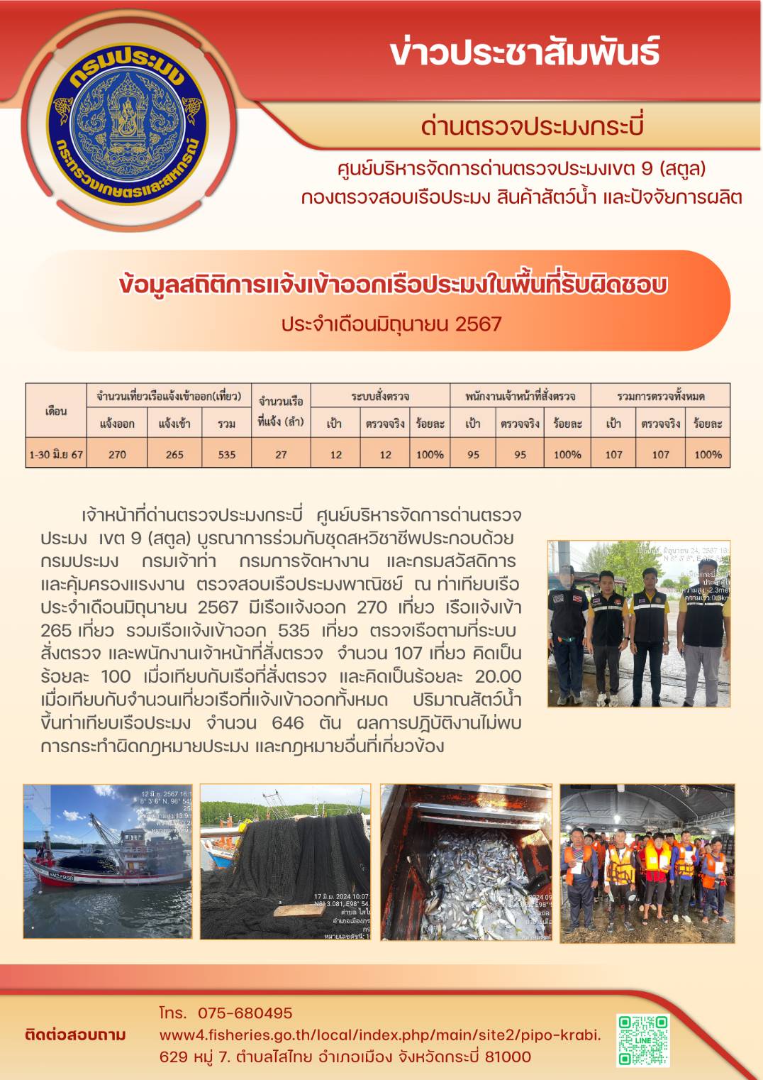 ผลการปฏิบัติงาน การตรวจสอบเรือประมงไทยที่แจ้งเข้าออก และการตรวจสอบการนำเข้า-ส่งออกสินค้าสัตว์น้ำ ในเขตพื้นที่รับผิดชอบของศูนย์บริหารจัดการด่านตรวจประมงเขต 9 (สตูล) ประจำเดือนมิถุนายน 2567